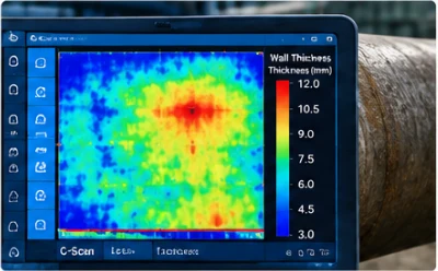 Colour-coded remaining wall-thickness C-scan